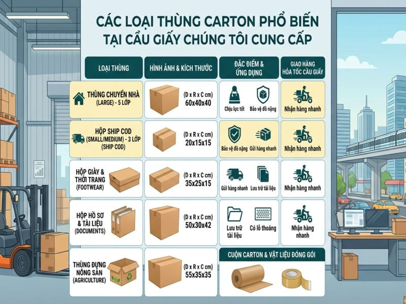 Các loại thùng carton phổ biến tại Cầu Giấy chúng tôi cung cấp