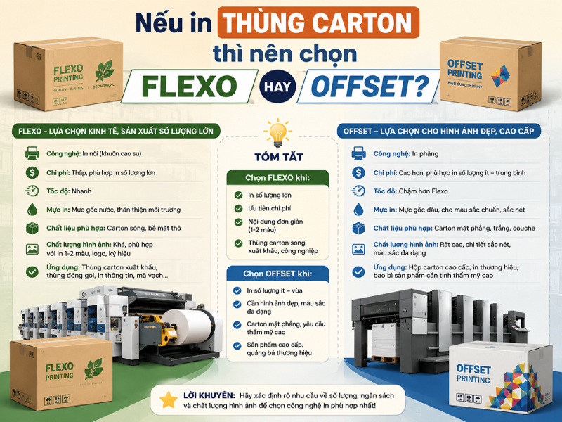 Nếu in thùng carton thì nên chọn Flexo hay Offset?