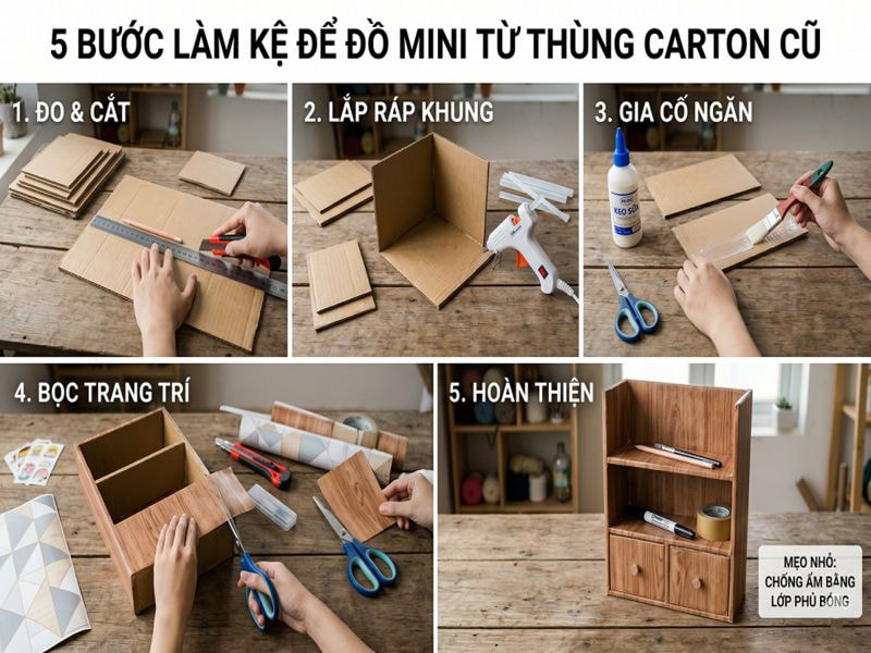Làm kệ để đồ mini từ thùng carton cũ 9 5 buoc lam ke de do mini tu thung carton cu