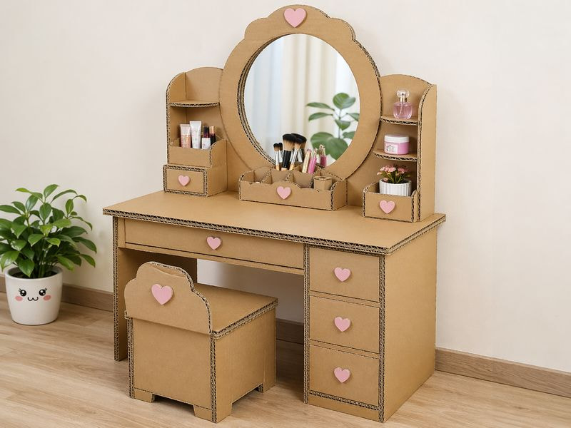 Hướng dẫn làm bàn trang điểm mini từ bìa carton 15 Bàn trang điểm carton có gương lớn