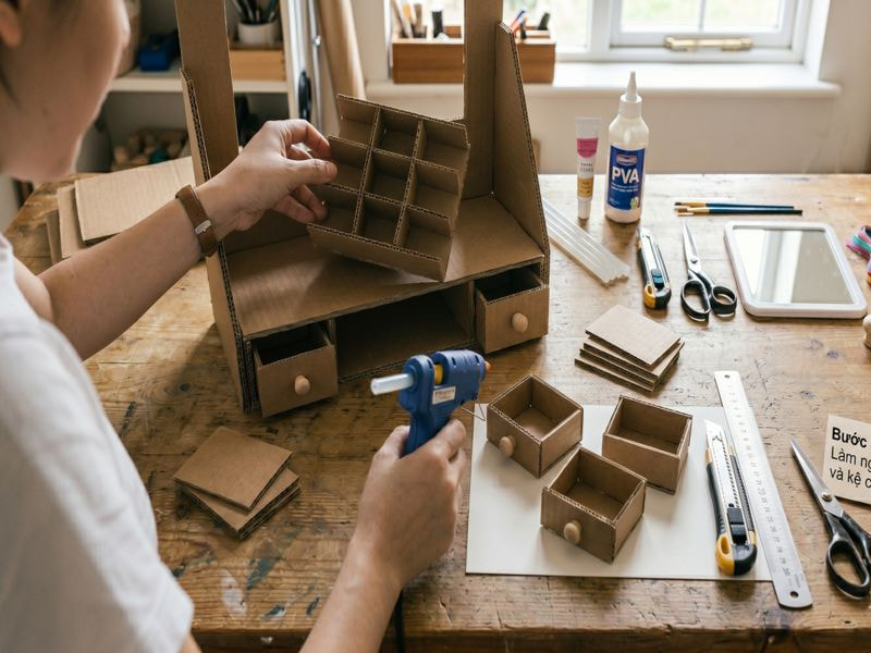 Hướng dẫn làm bàn trang điểm mini từ bìa carton 12 Bước 4: Làm ngăn kéo và kệ chứa đồ
