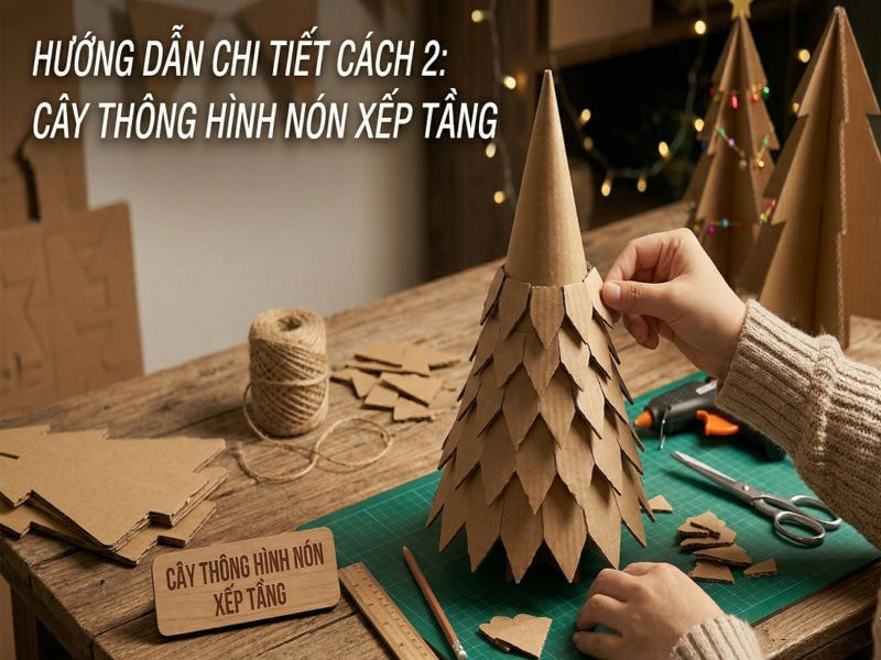 Hướng dẫn làm cây thông Noel bằng bìa carton đơn giản và sáng tạo 11 Cây thông hình nón xếp tầng