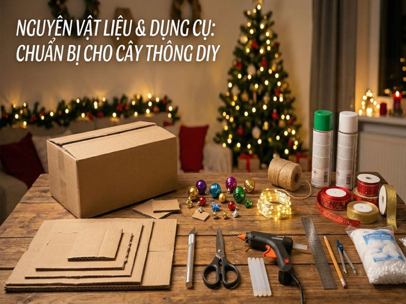 Hướng dẫn làm cây thông Noel bằng bìa carton đơn giản và sáng tạo 8 Chuẩn bị nguyên vật liệu và dụng cụ