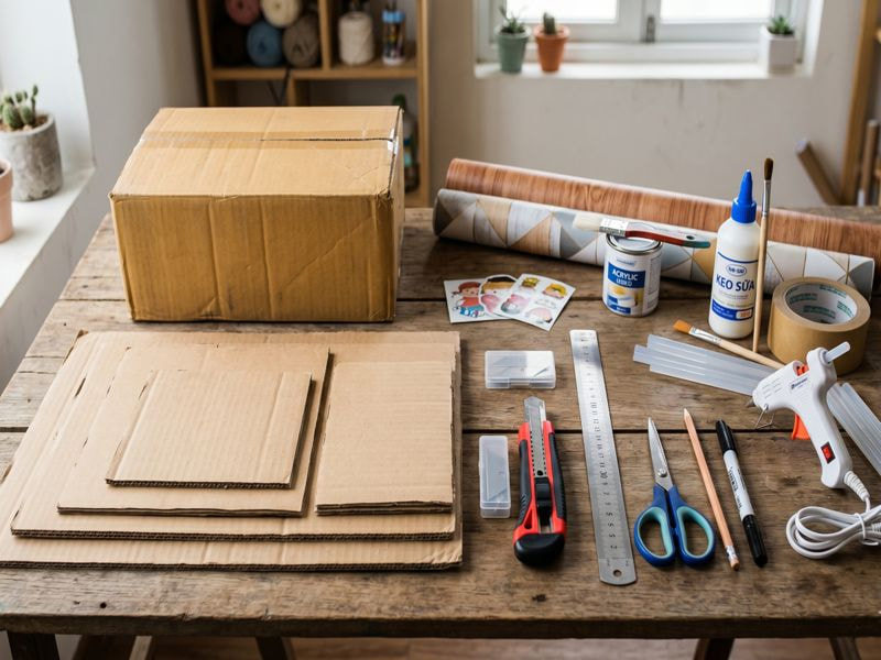 Làm kệ để đồ mini từ thùng carton cũ 8 Chuẩn bị nguyên vật liệu và dụng cụ