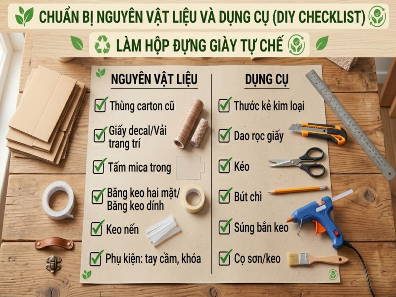 Cách tái chế hộp carton thành hộp đựng giày đơn giản 8 Chuẩn bị nguyên vật liệu và dụng cụ (DIY Checklist)