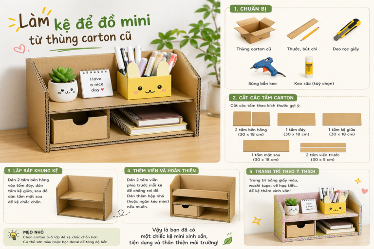 Hướng dẫn làm kệ để đồ mini từ thùng carton cũ
