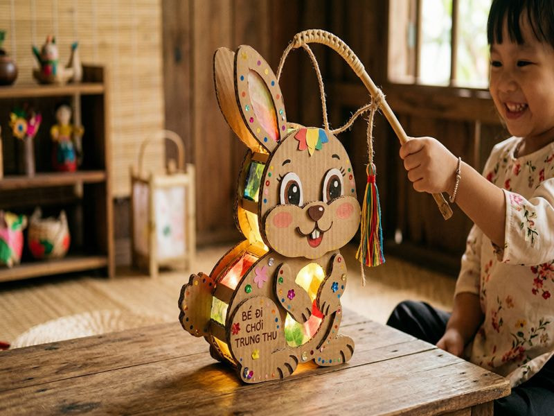 Hướng dẫn làm đèn trung thu bằng bìa carton cực đơn giản cho bé 10 Mẫu 2: Đèn lồng hình thú (Dành cho bé)