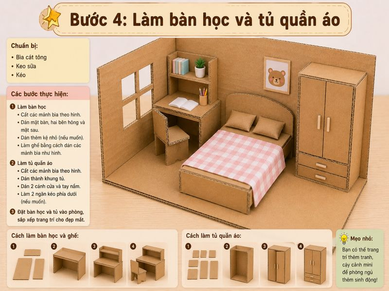 Bước 4: Làm bàn học và tủ quần áo