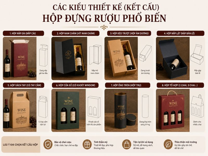 Các mẫu hộp đựng rượu bằng giấy đẹp, phổ biến 12 Các kiểu thiết kế (kết cấu) hộp đựng rượu phổ biến