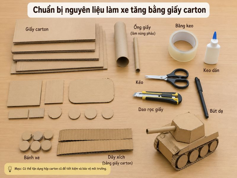 Cách làm xe tăng bằng giấy carton đẹp, đơn giản, tại nhà 8 Chuẩn bị nguyên liệu làm xe tăng bằng giấy carton