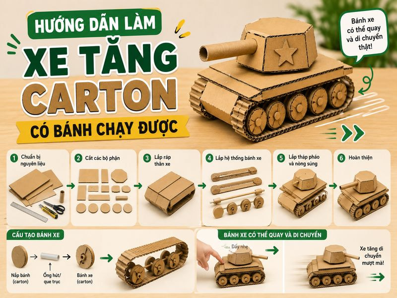 Cách làm xe tăng bằng giấy carton đẹp, đơn giản, tại nhà 10 Hướng dẫn làm xe tăng carton có bánh chạy được