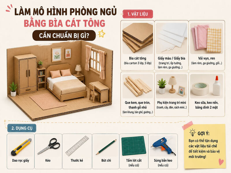 Làm mô hình phòng ngủ bằng bìa cát tông cần chuẩn bị gì?