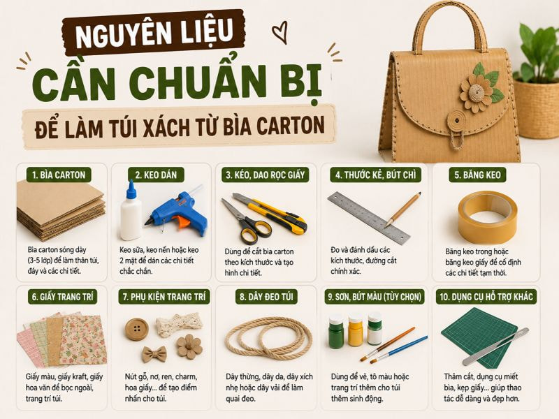 Hướng dẫn làm túi xách từ bìa carton handmade từ bìa carton 8 Nguyên liệu cần chuẩn bị để làm túi xách từ bìa carton