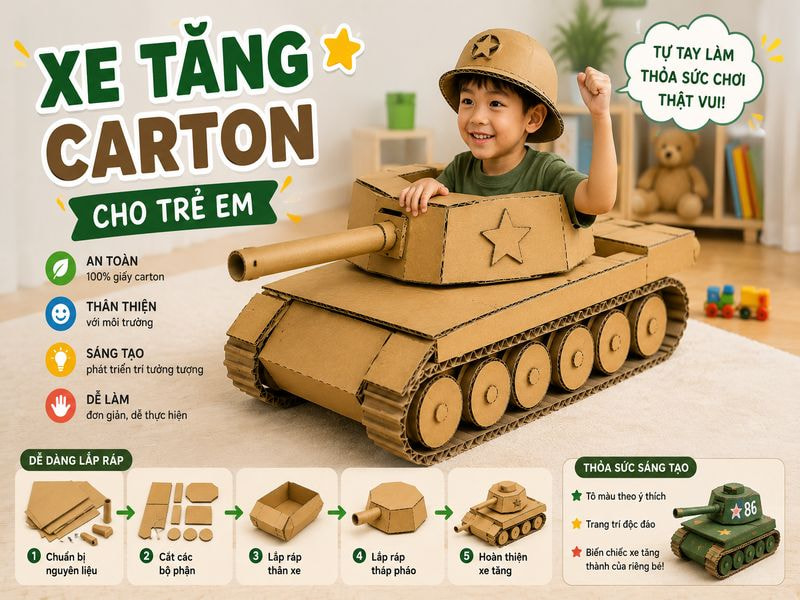 Cách làm xe tăng bằng giấy carton đẹp, đơn giản, tại nhà 13 Xe tăng carton cho trẻ em