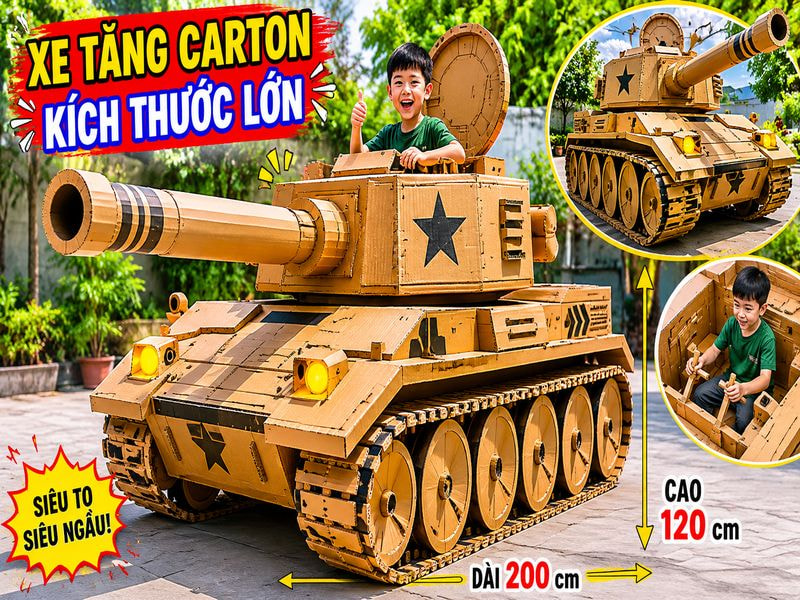 Cách làm xe tăng bằng giấy carton đẹp, đơn giản, tại nhà 14 Xe tăng carton kích thước lớn