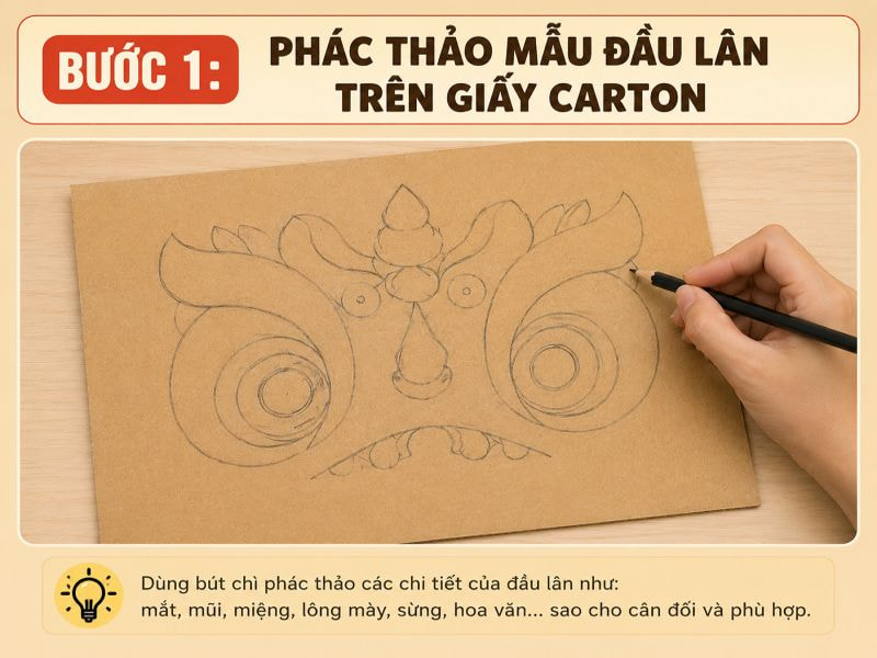 Bước 1: Phác thảo mẫu đầu lân trên giấy carton