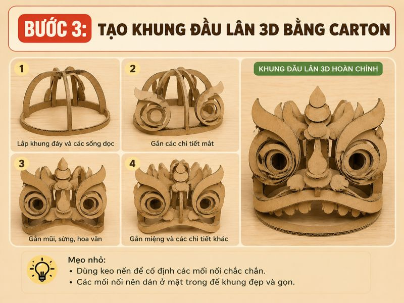 Bước 3: Tạo khung đầu lân 3D bằng carton