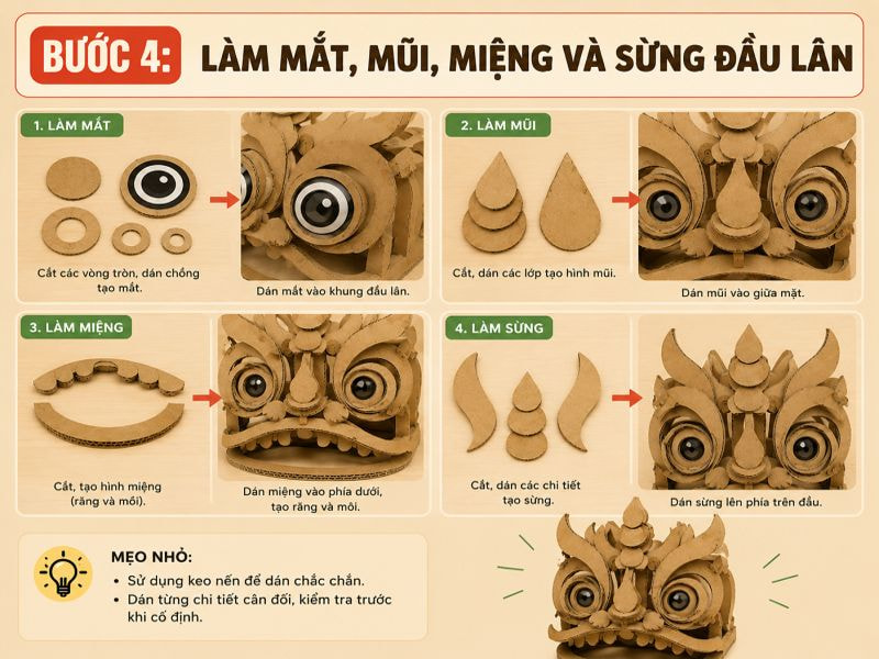 Bước 4: Làm mắt, mũi, miệng và sừng đầu lân