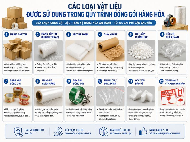 Quy trình đóng gói hàng hóa an toàn, đúng tiêu chuẩn 11 Các loại vật liệu được sử dụng trong quy trình đóng gói hàng hóa