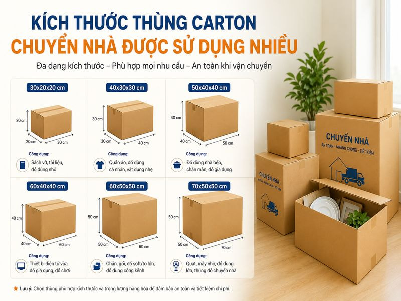 Kích thước thùng carton chuyển nhà được sử dụng nhiều