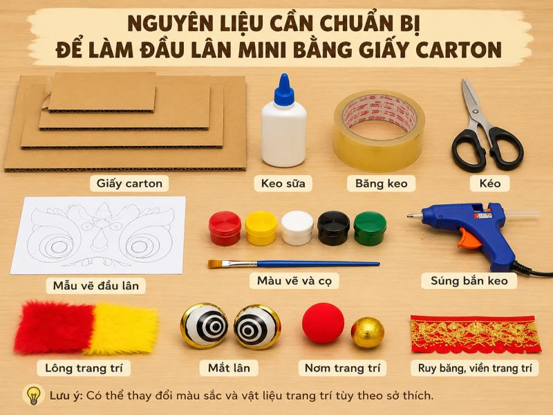 Nguyên liệu cần chuẩn bị để làm đầu lân mini bằng giấy carton