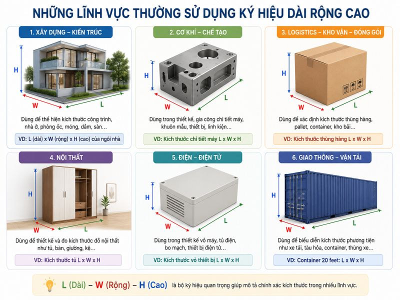 Ký hiệu dài rộng cao là gì? Cách đọc và ghi kích thước chính xác 10 Những lĩnh vực thường sử dụng ký hiệu dài rộng cao