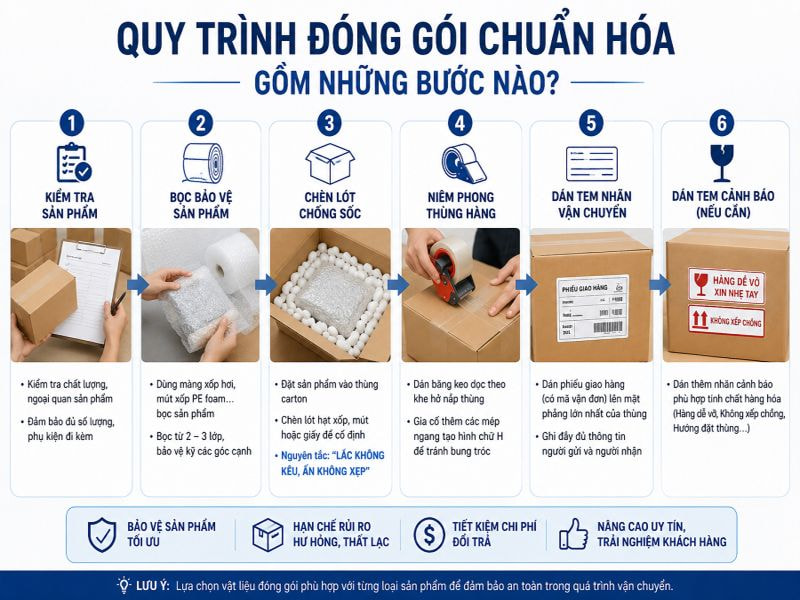 Quy trình đóng gói hàng hóa an toàn, đúng tiêu chuẩn 8 Quy trình đóng gói chuẩn hóa gồm những bước nào?