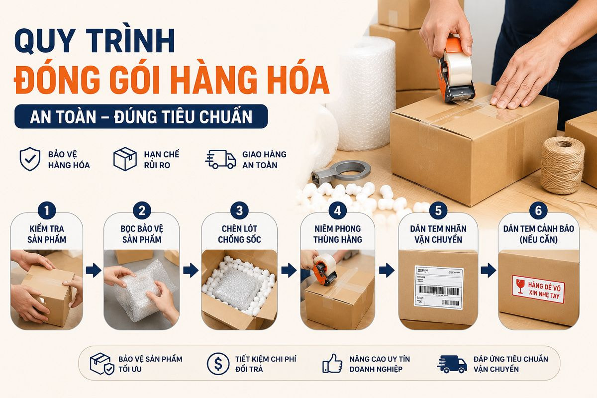 Quy trình đóng gói hàng hóa an toàn, đúng tiêu chuẩn