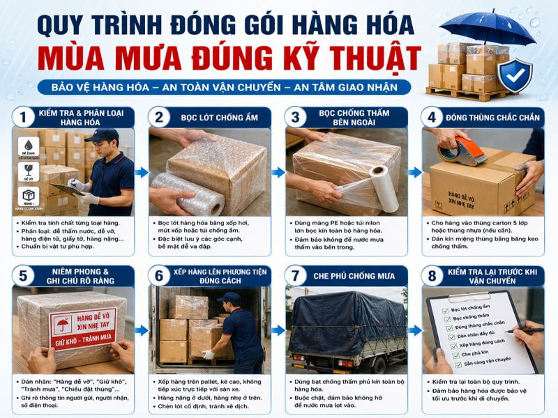 Quy trình đóng gói hàng hóa mùa mưa đúng kỹ thuật