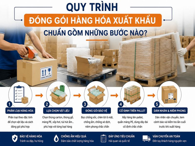 Quy trình đóng gói hàng hóa xuất khẩu chuẩn gồm những bước nào?