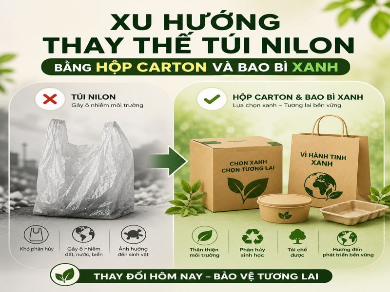 Hộp carton và túi nilon: Bước chuyển mình của ngành bao bì 11 Xu hướng thay thế túi nilon bằng hộp carton và bao bì xanh