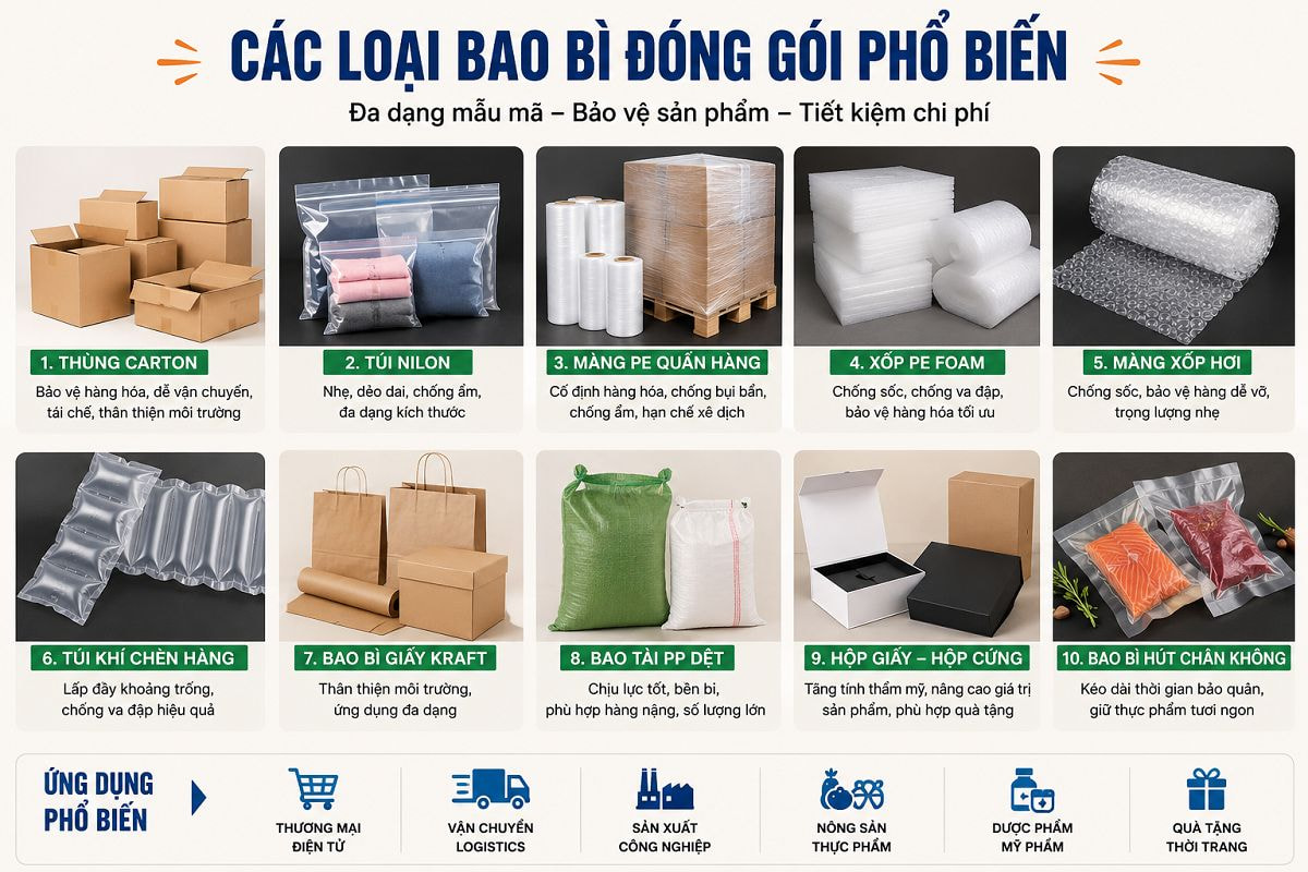 Các loại bao bì đóng gói phổ biến