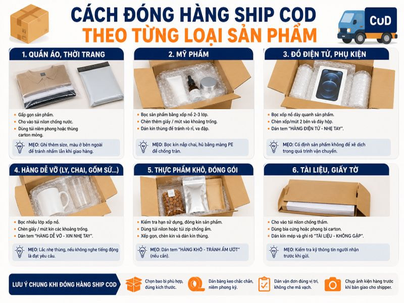 Cách đóng hàng ship COD theo từng loại sản phẩm