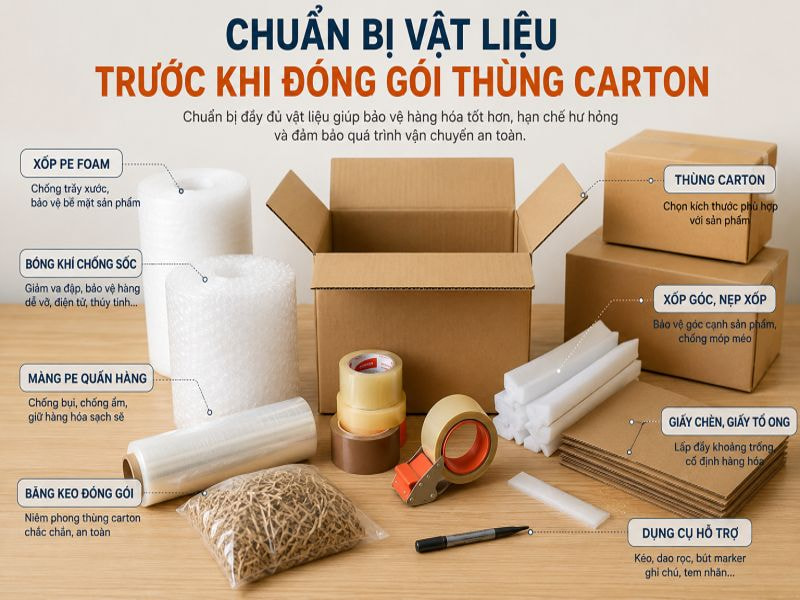 Chuẩn bị vật liệu trước khi đóng gói thùng carton