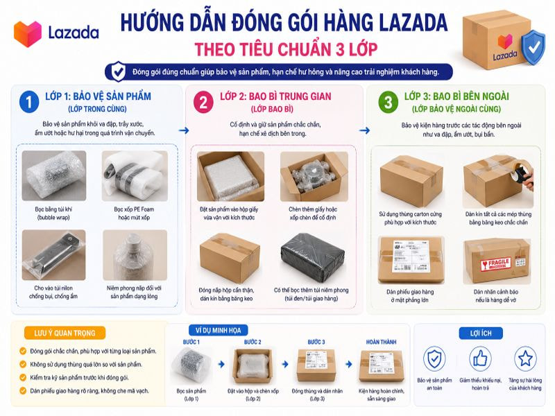 Hướng dẫn đóng gói hàng Lazada theo tiêu chuẩn 3 lớp