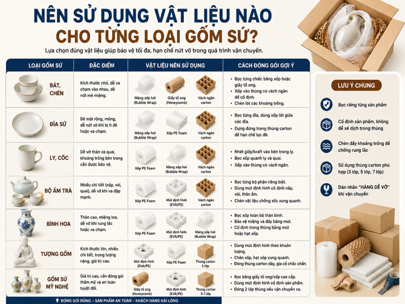 Cách đóng gói gốm sứ đúng chuẩn với vật liệu chống sốc 10 Nên sử dụng vật liệu nào cho từng loại gốm sứ?