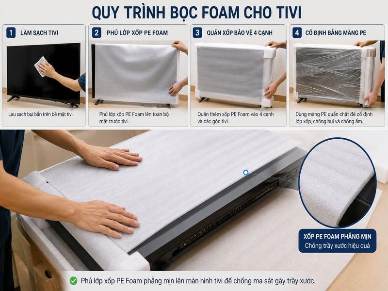 Hướng dẫn 6 bước đóng gói tivi gửi đi xa an toàn từ A-Z 9 Phủ lớp xốp PE Foam phẳng mịn lên màn hình tivi để chống ma sát gây trầy xước