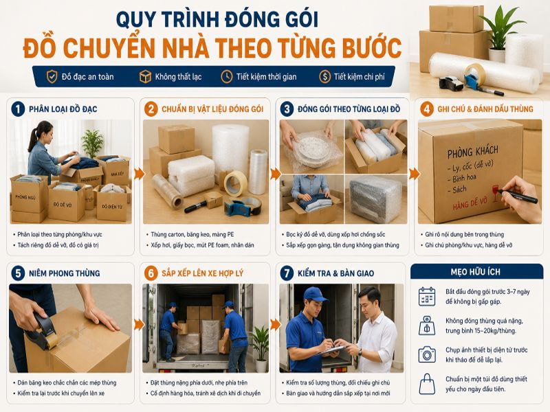 Đóng gói đồ chuyển nhà: Hướng dẫn chi tiết từ A - Z 9 Quy trình đóng gói đồ chuyển nhà theo từng bước