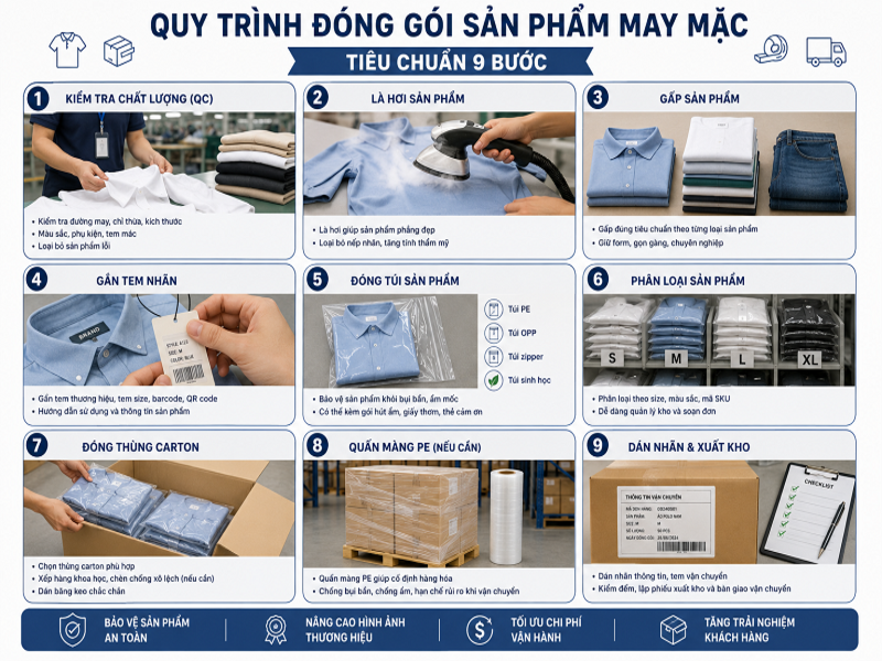 Quy trình đóng gói sản phẩm may mặc chuẩn xuất khẩu và bán 8 Quy trình đóng gói sản phẩm may mặc tiêu chuẩn 9 bước