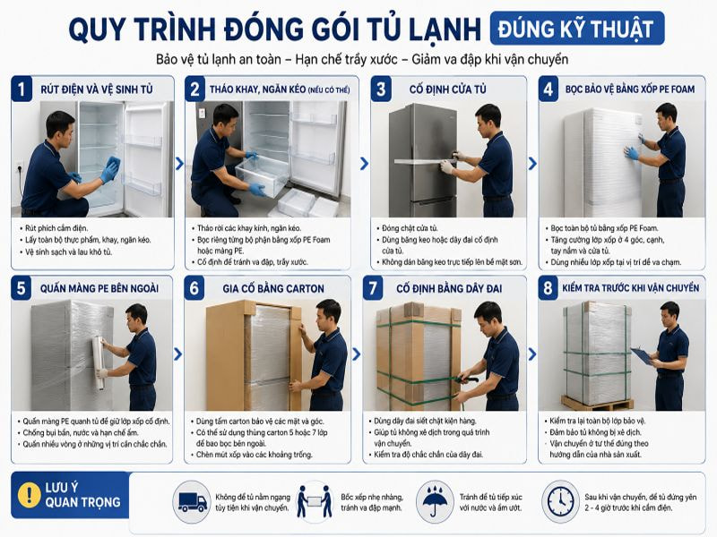 Quy trình đóng gói tủ lạnh đúng kỹ thuật