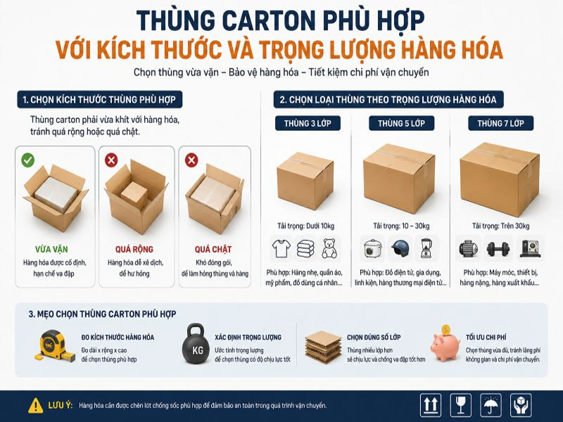 Thùng carton phù hợp với kích thước và trọng lượng hàng hóa