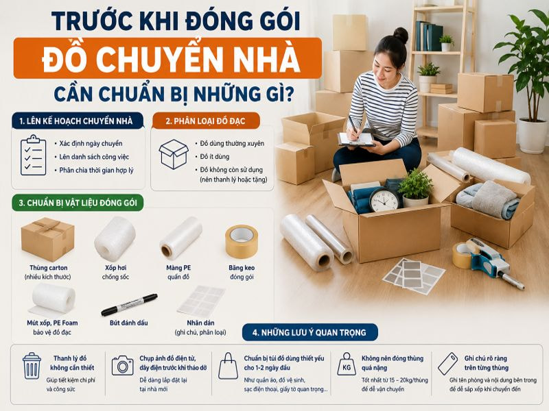 Đóng gói đồ chuyển nhà: Hướng dẫn chi tiết từ A - Z 8 Trước khi đóng gói đồ chuyển nhà cần chuẩn bị những gì?