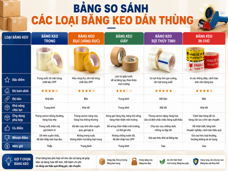Bảng so sánh các loại băng keo dán thùng