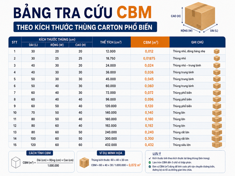 Cách tính CBM thùng carton chuẩn xác, dễ hiểu 8 Bảng tra cứu CBM theo kích thước thùng carton phổ biến