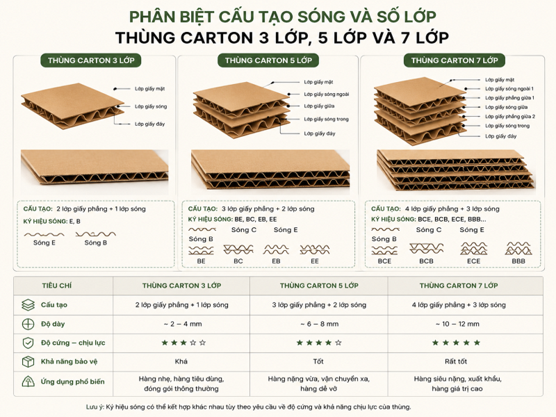 Phân biệt cấu tạo sóng và số lớp của thùng carton 3 lớp, 5 lớp và 7 lớp