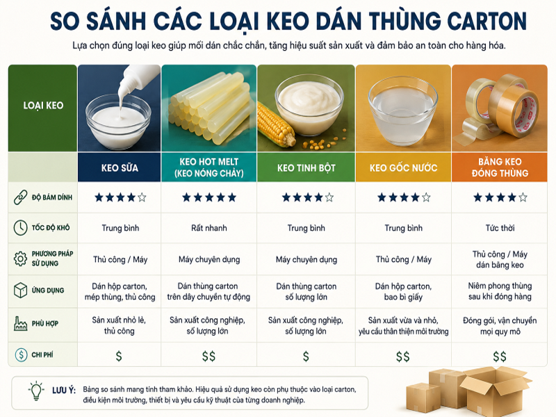 Các loại keo dán thùng carton phổ biến và cách chọn 9 So sánh các loại keo dán thùng carton