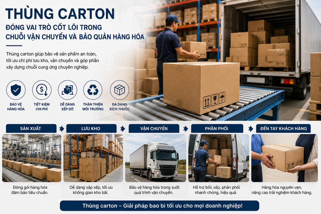 Thùng carton đóng vai trò cốt lõi trong chuỗi vận chuyển và bảo quản hàng hóa.