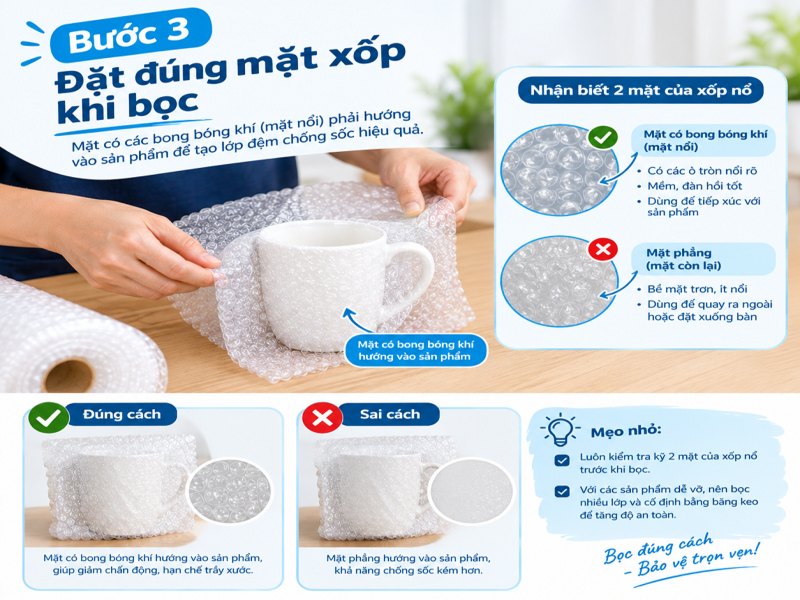 Cách sử dụng xốp nổ chống sốc đúng cách, hạn chế hư hỏng 9 Bước 3: Đặt đúng mặt xốp khi bọc