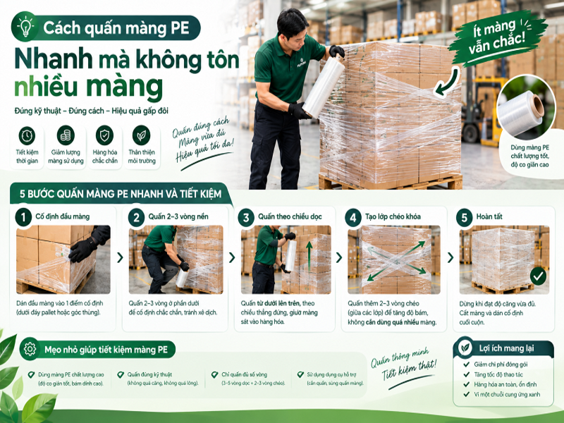 Cách quấn màng PE khi đóng hàng nhanh, chắc, dễ làm 9 Cách quấn màng PE nhanh mà không tốn nhiều màng