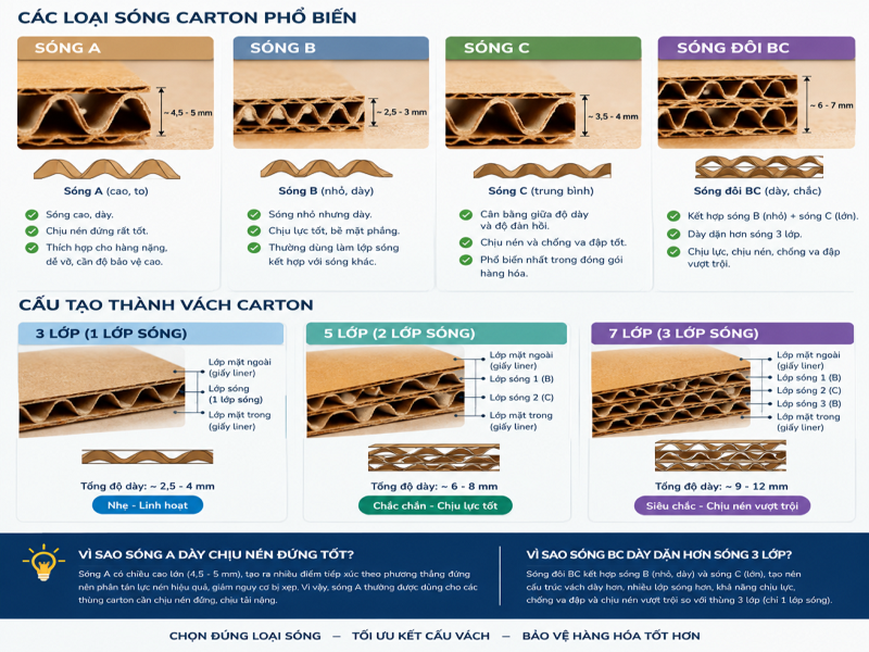 Cấu tạo mặt cắt sóng thùng carton 3 lớp 5 lớp và 7 lớp